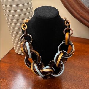 Blue, brown, gold and tortoise statement necklace